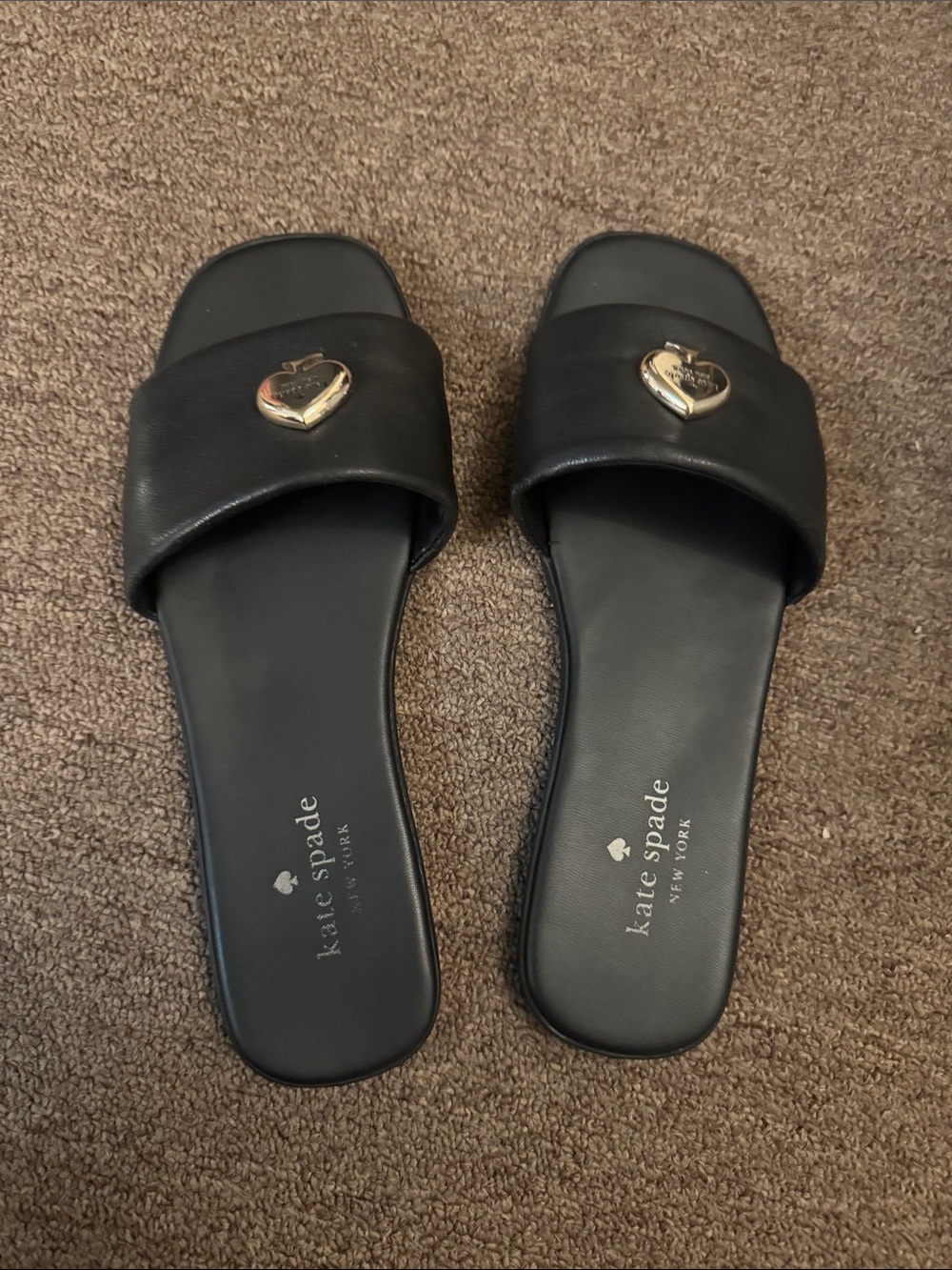 kate spade Black Slide Sandals with Gold Heart Charm